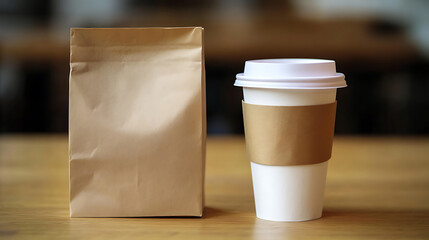 Aufkleber - A brown paper bag stands upright next to a white disposable coffee cup with a brown paper sleeve, both sitting on a light brown wooden table surface