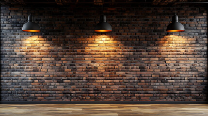 Poster - A brick wall with a dual-tone pattern and pendant lights, modern style, with a wooden floor, suitable for branding mockup