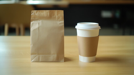 Poster - A brown paper bag stands upright next to a white disposable coffee cup with a brown paper sleeve, both sitting on a light brown wooden table surface