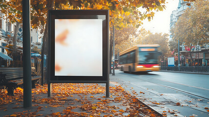 Aufkleber - A bus stop with an empty advertising billboard in an urban setting with fallen leaves on the ground and a bus passing by in the background