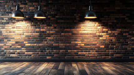 Aufkleber - A brick wall with a dual-tone pattern and pendant lights, modern style, with a wooden floor, suitable for branding mockup