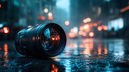 Poster - A camera lens on a wet urban street, realistic style, blurry city lights in the background, concept of photography