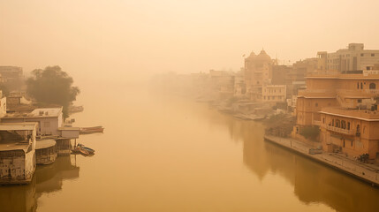 Poster - a cityscape shrouded in a yellowish-brown haze of air pollution, highlighting the health risks assoc