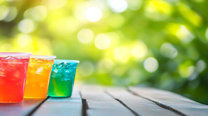 Poster - A close up of a empty wooden table with colorful summer slushies background