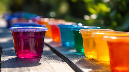 Poster - A close up of a empty wooden table with colorful summer slushies background