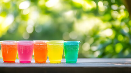 Aufkleber - A close up of a empty wooden table with colorful summer slushies background