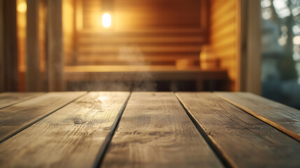 Fototapete - A close up of a rustic empty wooden table with blurred barbershop background