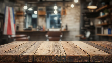 Poster - A close up of a rustic empty wooden table with blurred barbershop background