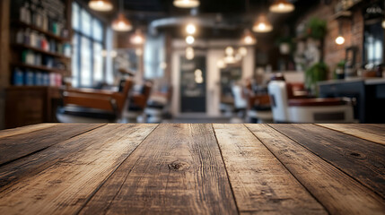Poster - A close up of a rustic empty wooden table with blurred barbershop background
