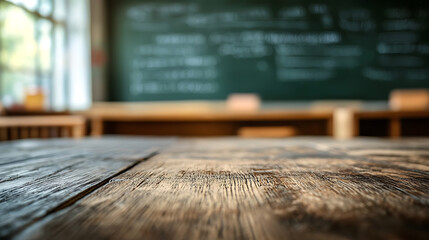 Fototapete - A close up of a rustic empty wooden table with blurred barbershop background