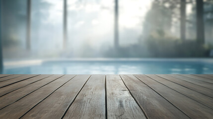 Poster - A close up of a rustic empty wooden table with blurred barbershop background