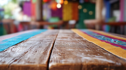 Poster - A close up of a rustic empty wooden table with blurred barbershop background