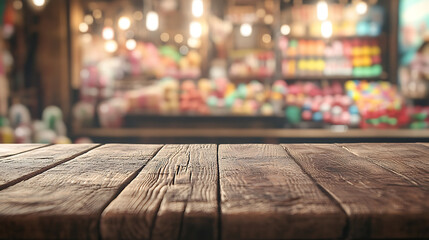 Poster - A close up of a rustic empty wooden table with blurred barbershop background