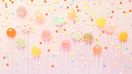 Poster - A collection of colorful lollipops on a pastel background with sprinkles and sprinkles on them, all of different shapes and sizes and shapes, summer background, sweet food