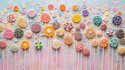 Aufkleber - A collection of colorful lollipops on a pastel background with sprinkles and sprinkles on them, all of different shapes and sizes and shapes, summer background, sweet food