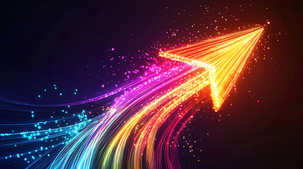 Poster - A dynamic arrow made of glowing, colorful fiber optic cables on a black background