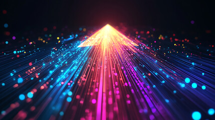 Wall Mural - a dynamic arrow made of glowing, colorful fiber optic cables on a black background
