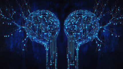 Leinwandbilder - A digital brain made of blue circuit lines and binary code, with two connected branches representing the left side depicting an ai model or neural network concept