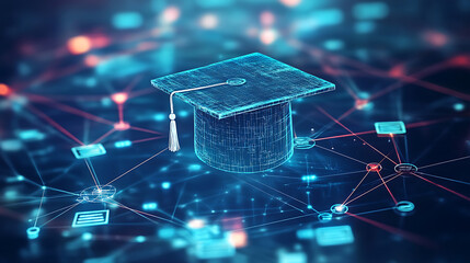 Poster - A blue digital mesh representing the network of interconnected nodes, with an illuminated graduation cap floating above it