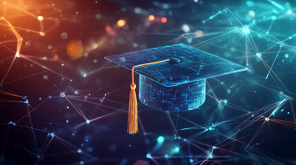 Poster - A blue digital mesh representing the network of interconnected nodes, with an illuminated graduation cap floating above it