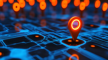 Poster - A digital grid with connected nodes and orange location markers, on a blue illuminated background, concept of networking