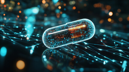 Leinwandbilder - A digital representation of a pill on a network background symbolizes ai-driven precision medicine
