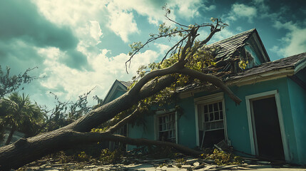 Poster - A fallen tree on a house roof after a hurricane, symbolizing storm damage and the need for cleanup and repairs