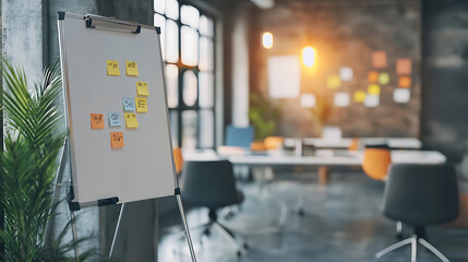 Fototapete - A flipchart with sticky notes in a modern office environment, concept of brainstorming