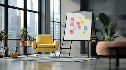 Poster - A flipchart with sticky notes in a modern office environment, concept of brainstorming