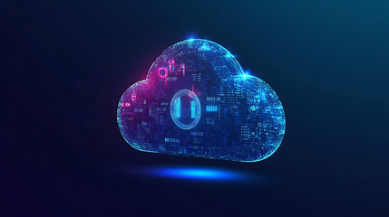 Poster - A futuristic web hologram depicting digits and codes with a cloud icon, abstract motion of digital data flow, stock photo