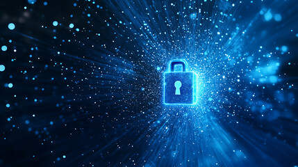 Poster - A glowing digital lock on a dynamic, particle-filled blue background symbolizes cybersecurity