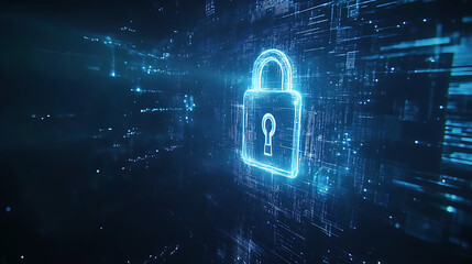 Poster - A glowing digital lock on a dynamic, particle-filled blue background symbolizes cybersecurity
