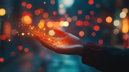 Poster - A hand with glowing digital graphics floating above, symbolizing connectivity and innovation on a bokeh background, concept of technology