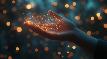 Poster - A hand with glowing digital graphics floating above, symbolizing connectivity and innovation on a bokeh background, concept of technology