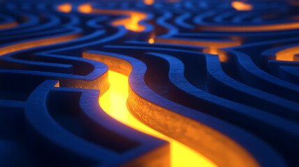 Fototapete - A labyrinth maze with a glowing yellow path on a blue background suggesting a concept of problem solving, 3d rendering