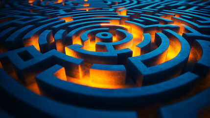 Aufkleber - A labyrinth maze with a glowing yellow path on a blue background suggesting a concept of problem solving, 3d rendering