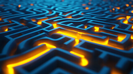 Poster - A labyrinth maze with a glowing yellow path on a blue background suggesting a concept of problem solving, 3d rendering