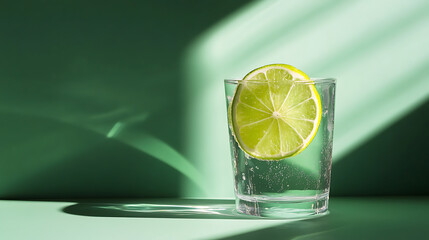 Poster - A lime slice and a transparent cup with gin tonic set against a two-tone green background