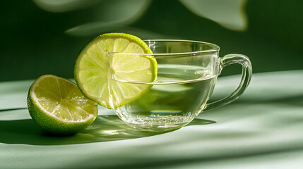 Poster - A lime slice and a transparent cup with gin tonic set against a two-tone green background