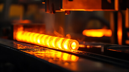 Aufkleber - A metal forging process in an industrial factory with glowing hot metal, the image captures the intense heat and dynamic environment of heavy industry