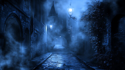 Aufkleber - A misty urban alley at night, illuminated by street lights, showcasing a mysterious ambiance on a dark background