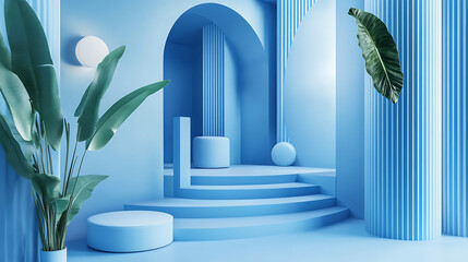Poster - A minimalist design of clean lines and smooth curves, a monochromatic theme with a spectrum of blues