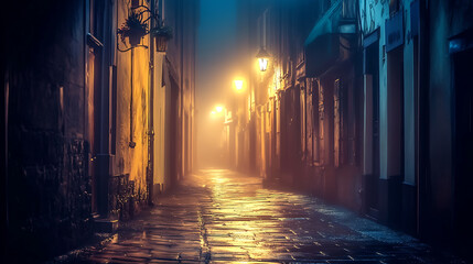 Aufkleber - A misty urban alley at night, illuminated by street lights, showcasing a mysterious ambiance on a dark background