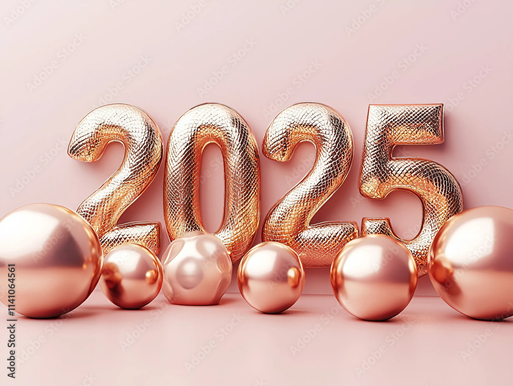 El año 2025 está compuesto de letras rosas junto a una serpiente dorada ...