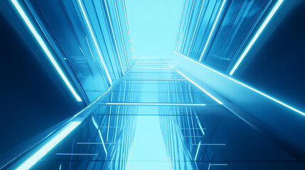 Leinwandbilder - A modern glass building with illuminated lines on a light blue background, architecture concept
