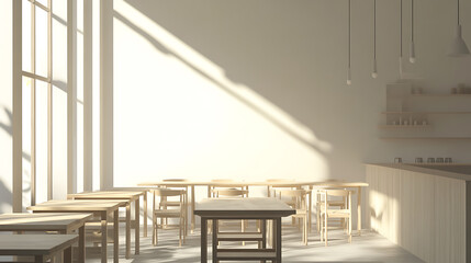 Poster - A modern interior of a cafe with wooden tables and chairs, and an empty wall for mockups on the right, light background