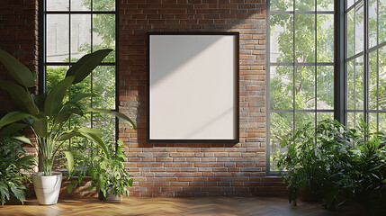 Poster - A modern interior with large windows, plants, and an empty poster frame for mockups on a brick wall