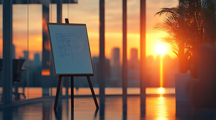 Leinwandbilder - A modern office interior at sunset with an easel displaying notes, against a blurred background, conveying a concept of planning