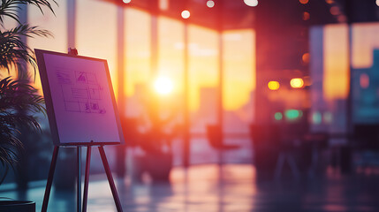 Aufkleber - A modern office interior at sunset with an easel displaying notes, against a blurred background, conveying a concept of planning