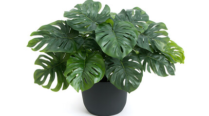 Poster - A monstera plant in a black pot on a white background, front view, white wall, natural lighting